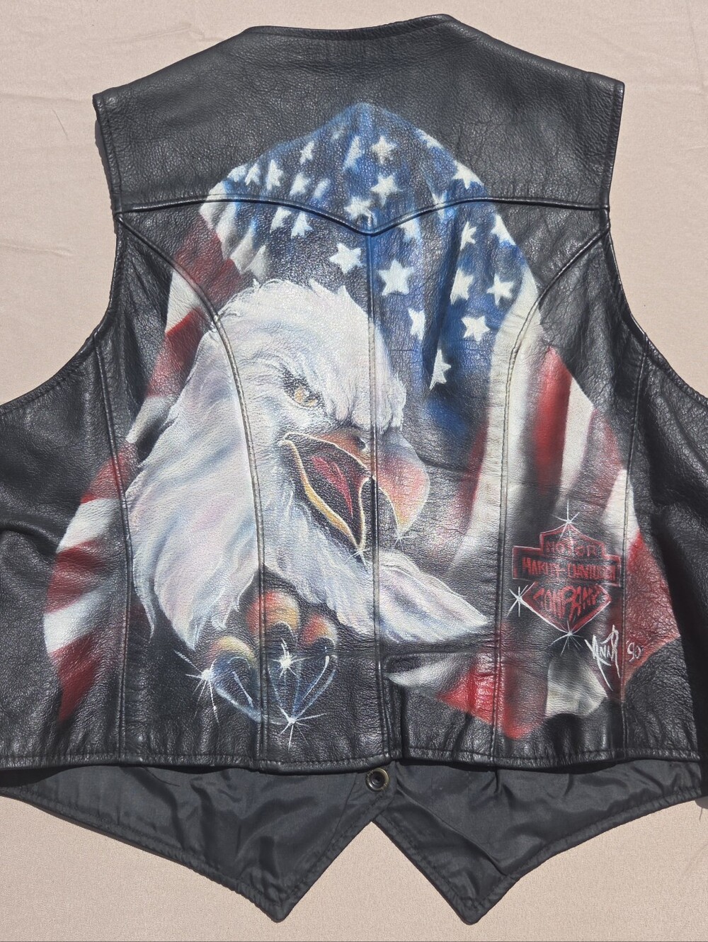 Harley-Davidson Black Leather Vest with Red, White & Blue Eagle Airbrush